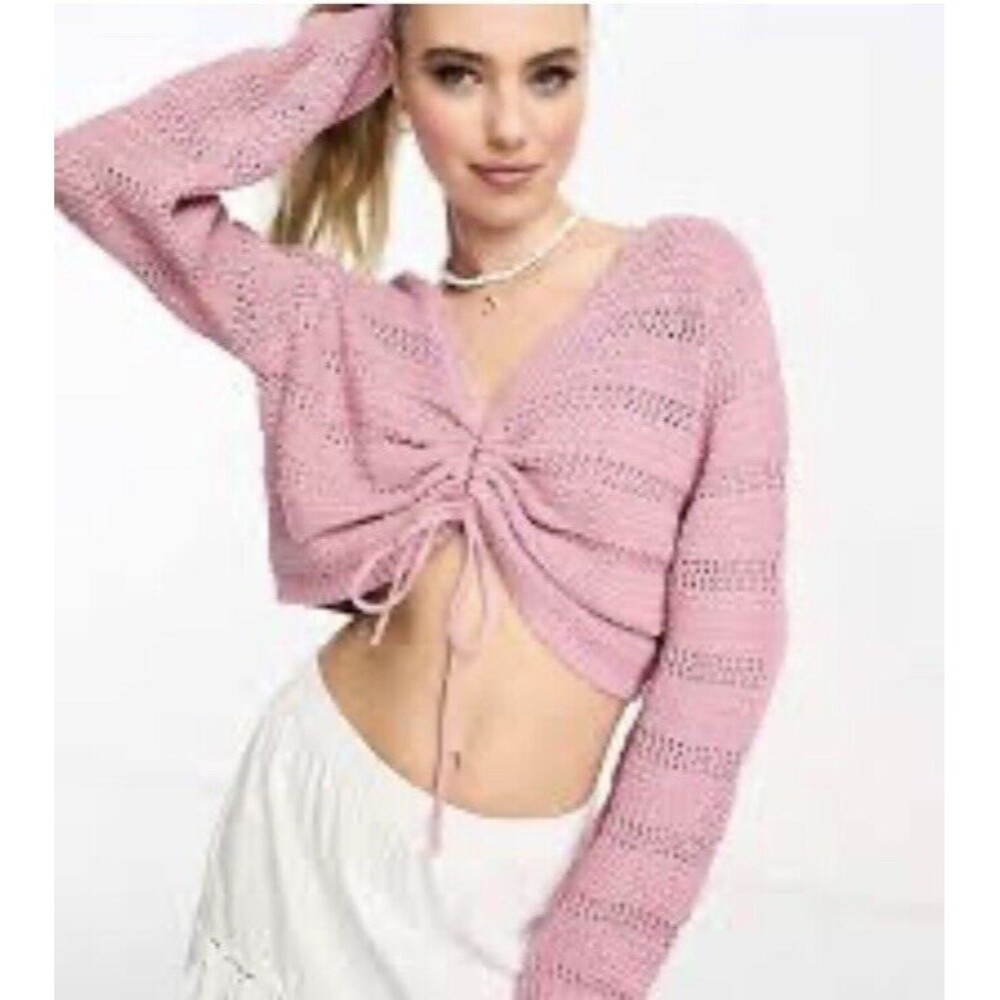 Hollister long sleeve tie front crochet jumper in light pink Coquette Sz M